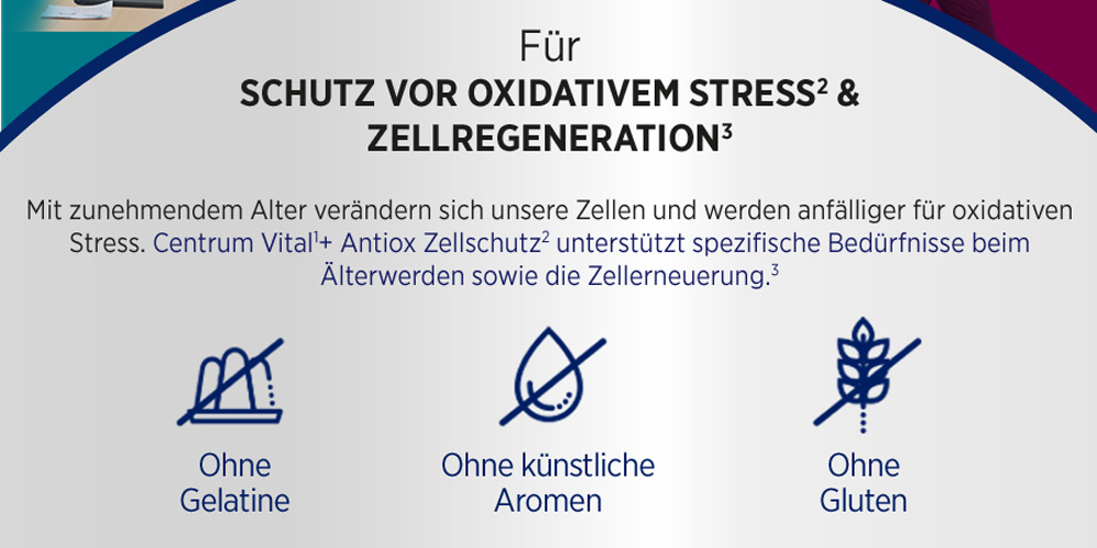 Text: Für Schutz vor oxidativem Stress & Zellregeneration. Ohne Gelatine, Aromen, Gluten.