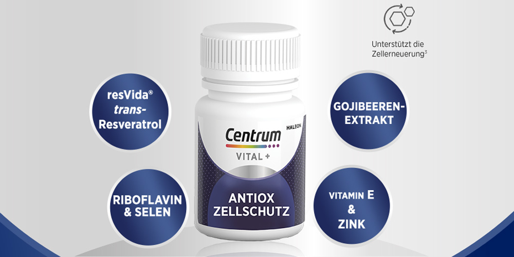 Flasche mit Kapseln. Text: trans-Resveratrol, Gojibeerenextrakt, Riboflavin & Selen, Vitamin E & Zink.