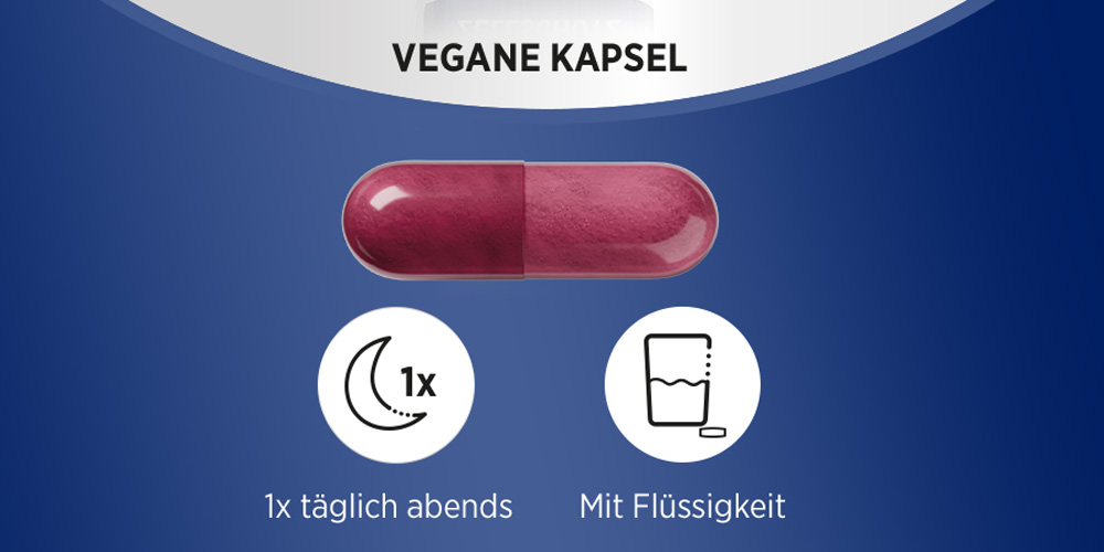 Vegane Kapsel. Text: 1x täglich abends. Mit Flüssigkeit.