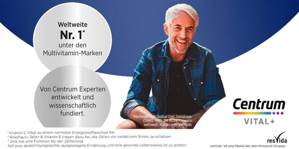 Mann lächelt. Text: Weltweite Nr. 1 unter den Multivitamin-Marken. Von Centrum Experten entwickelt.