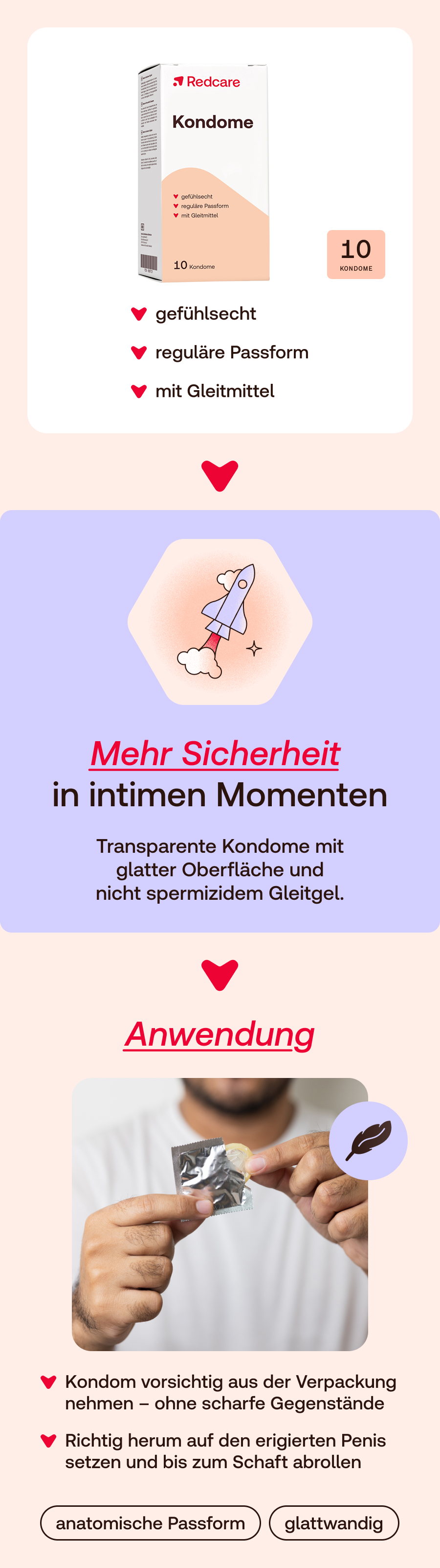 Redcare Kondome Packung. 10 Kondome. Merkmale: Gefühlsecht, reguläre Passform, mit Gleitmittel. Anwendungshinweise.
