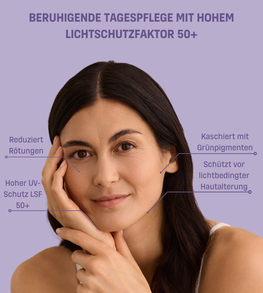 Frau mit Gesicht. Text: Beruhigende Tagespflege mit hohem Lichtschutzfaktor 50+. Vorteile: Rötungen, UV-Schutz.