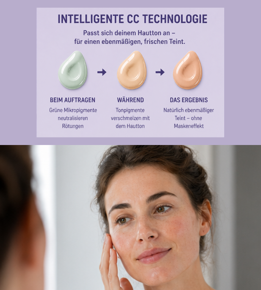Text: Intelligente CC Technologie. Schritte: Auftragen, Verschmelzen, Ergebnis. Frau mit Gesicht.