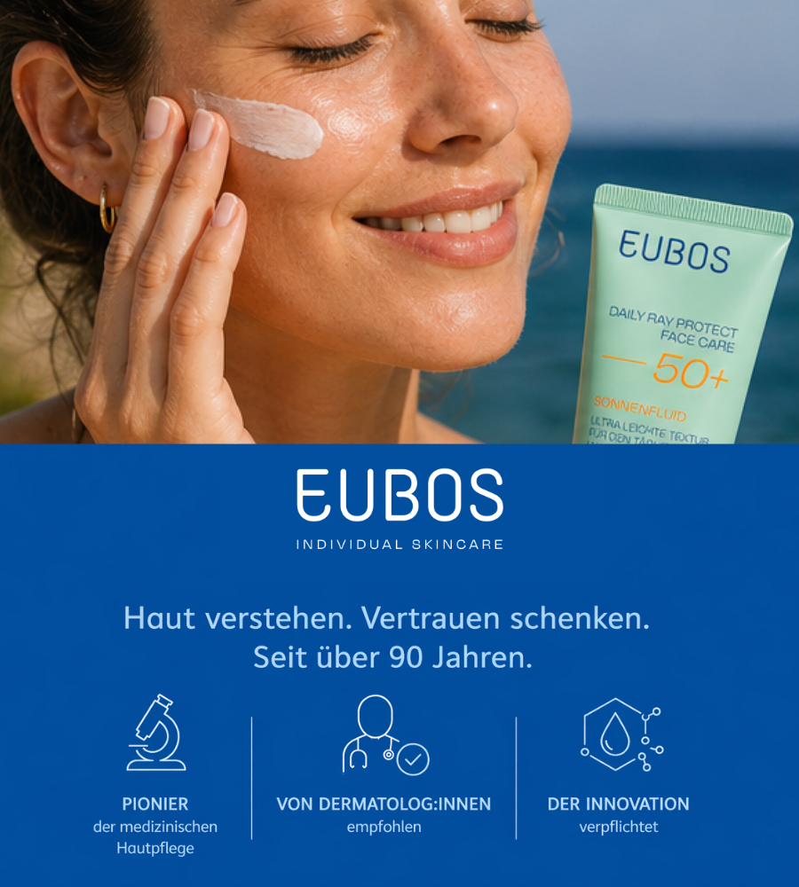 Frau mit Text: EUBOS, Individual Skincare. Sonnenfluid wird aufgetragen. Mikroskop.
