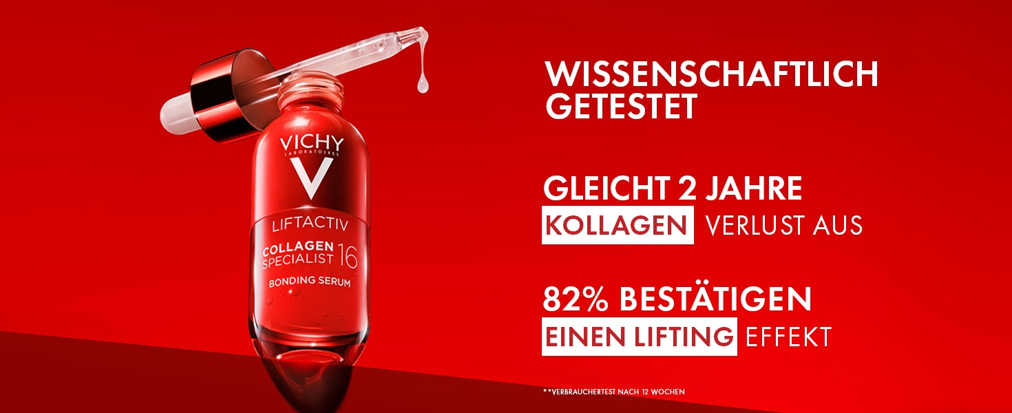 Vichy Liftactiv Collagen Specialist 16 Bonding Serum Flasche. Text: Wissenschaftlich getestet. Gleicht 2 Jahre Kollagenverlust aus. 82% Lifting-Effekt.