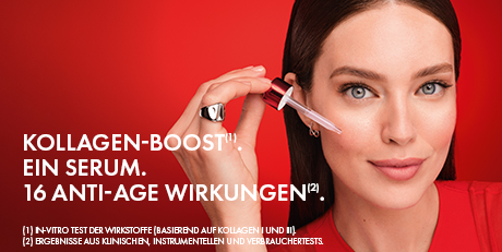 Frau mit Pipette, die Serum auf die Haut aufträgt. Text: Kollagen-Boost. Ein Serum. 16 Anti-Age Wirkungen.