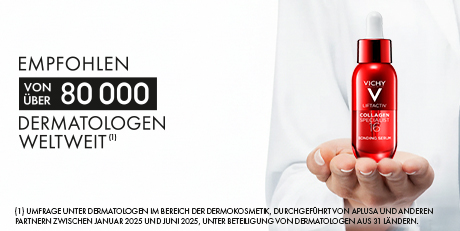 Vichy Liftactiv Collagen Specialist 16 Bonding Serum Flasche in der Hand. Text: Empfohlen von über 80.000 Dermatologen weltweit.