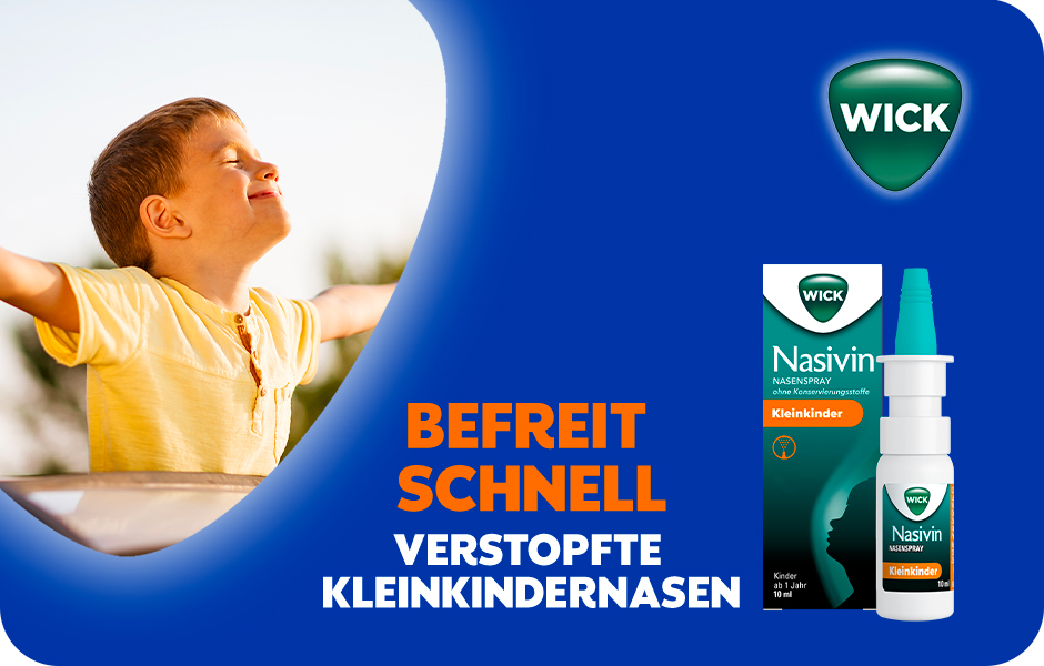 Junge mit offenen Armen, Nasivin-Packung. Text: Befreit schnell verstopfte Kleinkindernasen.