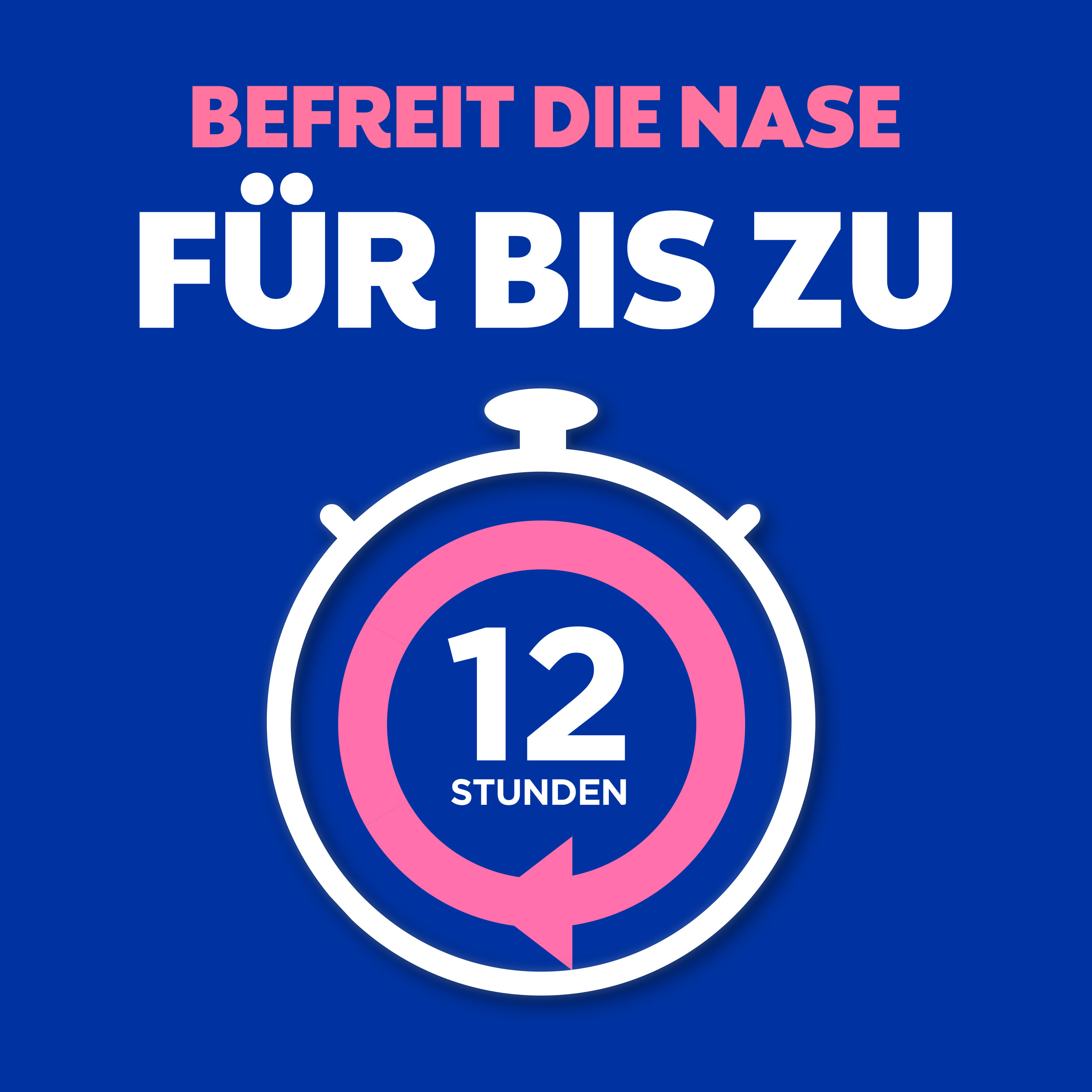 Text: Befreit die Nase für bis zu 12 Stunden. Abbildung einer Stoppuhr.