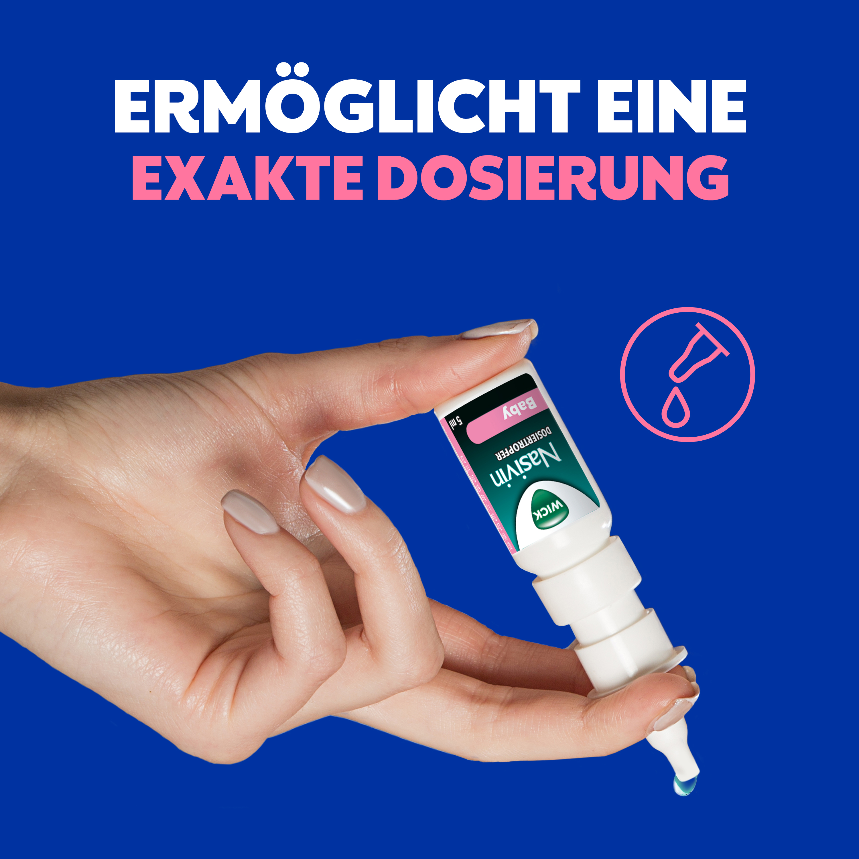 Hand hält Nasivin Dosiertropfer Baby. Text: Ermöglicht eine exakte Dosierung. Abbildung einer Tropfspitze.