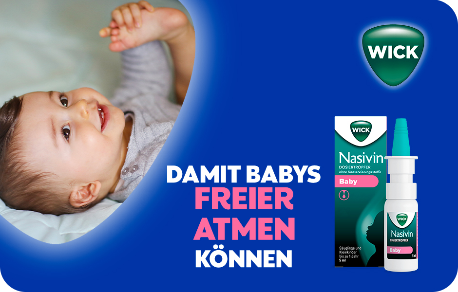 Baby liegt auf dem Rücken. Text: Damit Babys freier atmen können. Nasivin Dosiertropfer Baby.