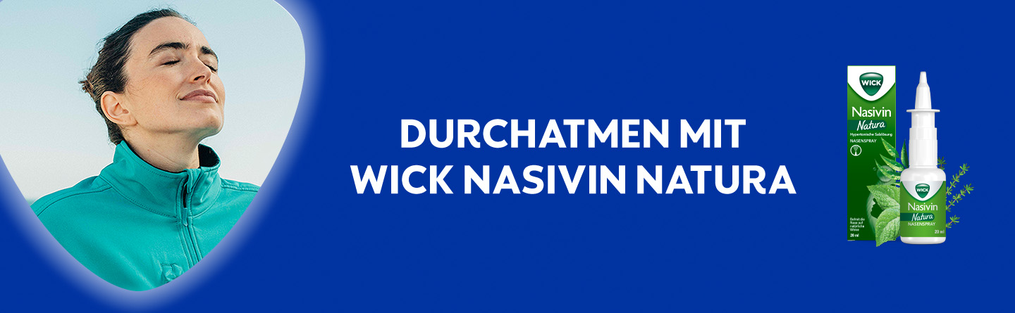 Frau atmet. Text: Durchatmen mit Wick Nasivin Natura.