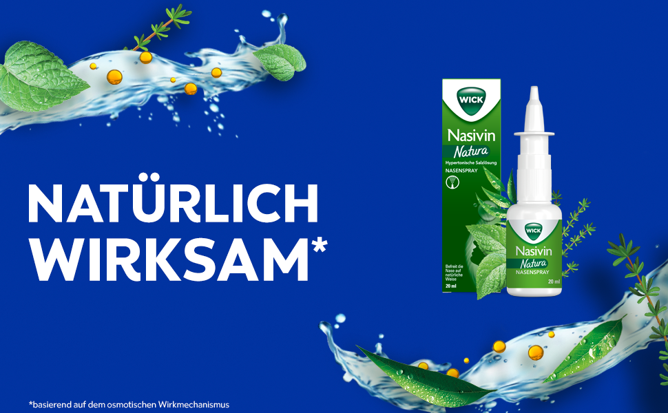 Nasivin Natura Nasenspray und Verpackung. Text: Natürlich wirksam.