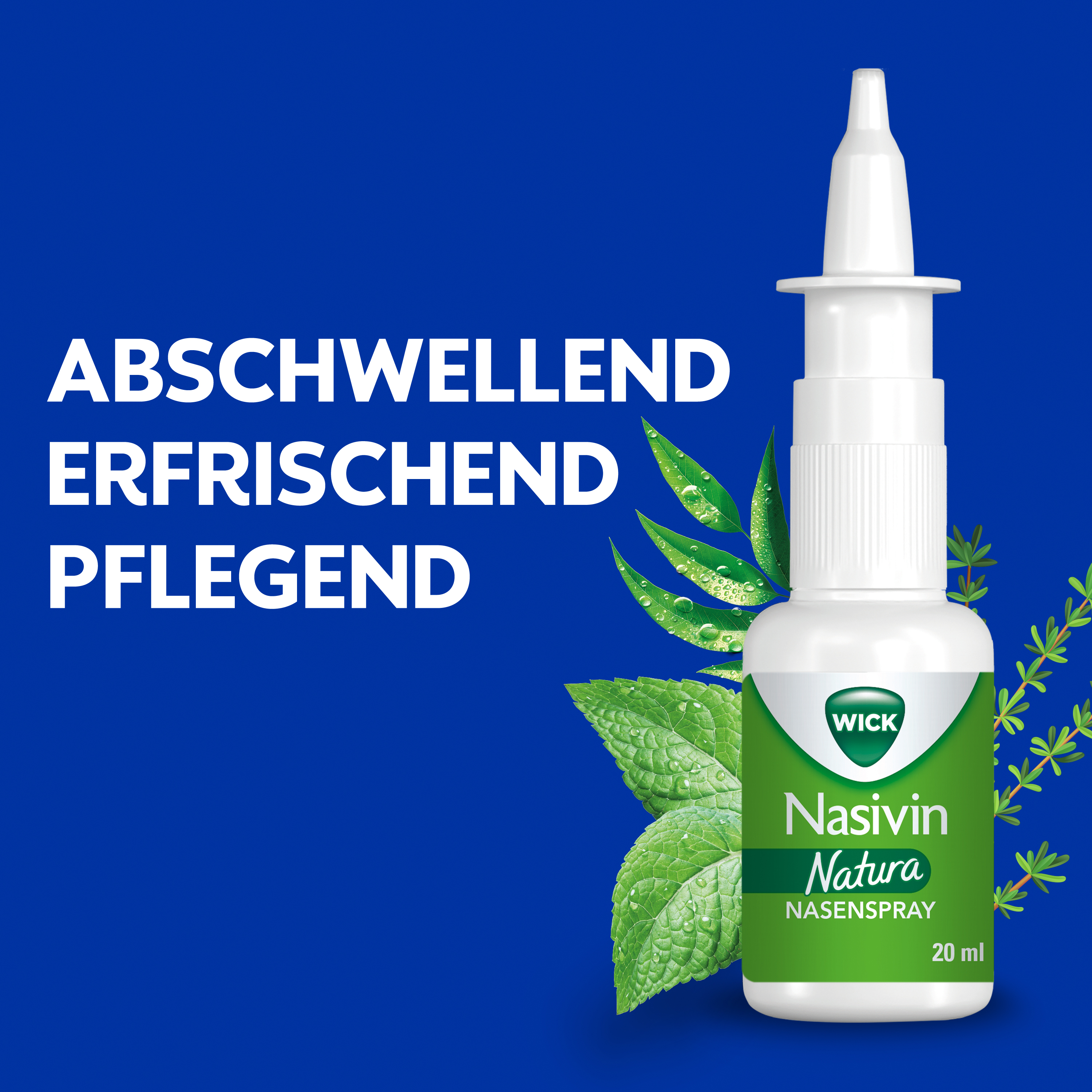 Nasivin Natura Nasenspray. Text: Abschwellend, erfrischend, pflegend. 20 ml.