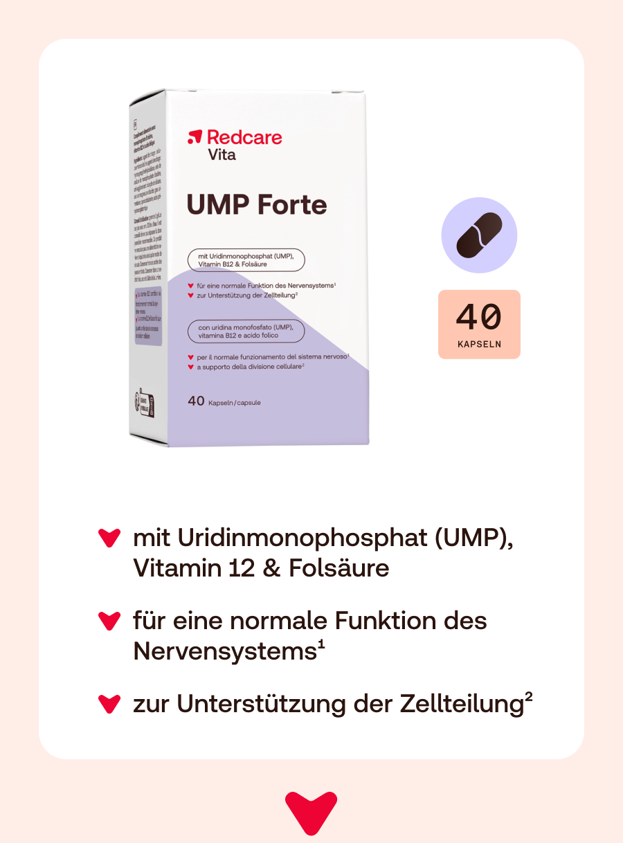 Redcare Vita UMP Forte. Schachtel mit 40 Kapseln. Enthält UMP, Vitamin B12 und Folsäure. Für Nervenfunktion und Zellteilung.