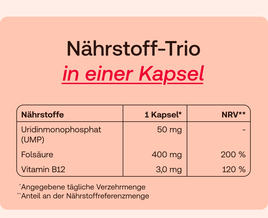 Redcare Vita UMP Forte. Schachtel mit 40 Kapseln. Enthält UMP, Vitamin B12 und Folsäure. Für Nervenfunktion und Zellteilung.
