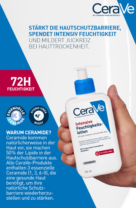 CeraVe Intensive Feuchtigkeitslotion. Weiße Flasche mit blauem Pumpkopf. Stärkt die Hautschutzbarriere. Spendet Feuchtigkeit.