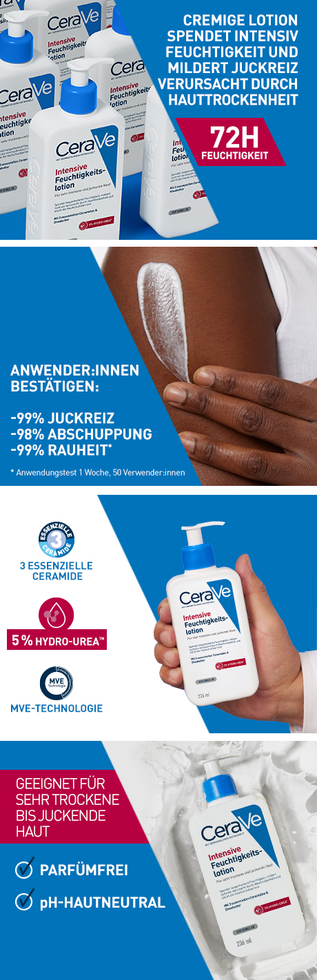 Mehrere CeraVe Intensive Feuchtigkeitslotionen. Cremige Lotion spendet Feuchtigkeit. Geeignet für sehr trockene bis juckende Haut.
