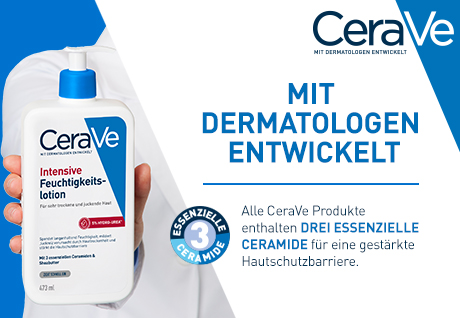CeraVe Intensive Feuchtigkeitslotion. Weiße Flasche mit blauem Pumpkopf. Text: Mit Dermatologen entwickelt.