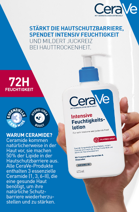 CeraVe Intensive Feuchtigkeitslotion. Weiße Flasche mit blauem Pumpkopf. Text: Stärkt die Hautschutzbarriere.