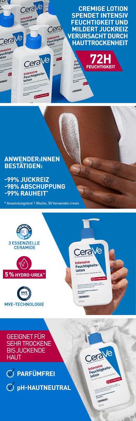 Mehrere CeraVe-Produkte. Weiße Flaschen mit blauem Pumpkopf. Text: Cremige Lotion spendet intensiv Feuchtigkeit.