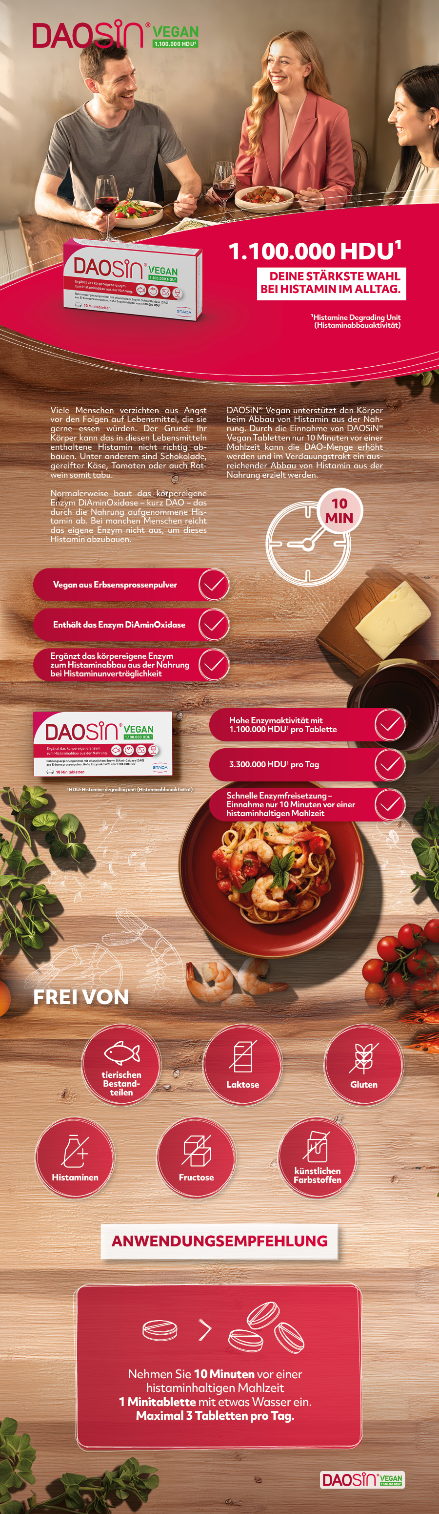 Werbebild mit Menschen, Essen und DAOSIN® Vegan-Packung. Text: Deine stärkste Wahl bei Histamin im Alltag.