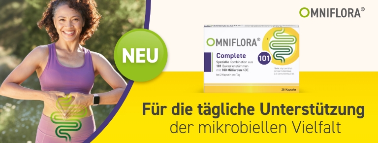 OMNIFLORA Complete Packung. Enthält 28 Kapseln. Aufschrift: 101 Bakterienstämme, 100 Mrd. KBE.