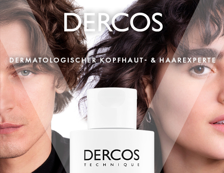 Dercos Logo. Dermatologischer Kopfhaut- & Haarexperte. Männer- und Frauenporträts.