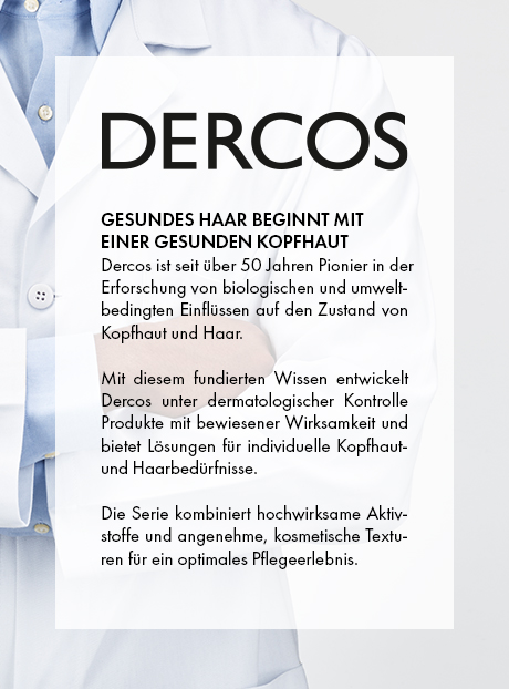 Dercos Logo. Gesundes Haar beginnt mit einer gesunden Kopfhaut. Text über Forschung.
