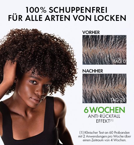 Frau mit Locken. 100% schuppenfrei für alle Arten von Locken. Vorher-Nachher-Vergleich.