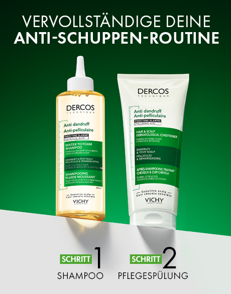 Dercos Shampoo und Spülung. Schritt 1: Shampoo. Schritt 2: Pflegespülung. Grüne Hintergrund.