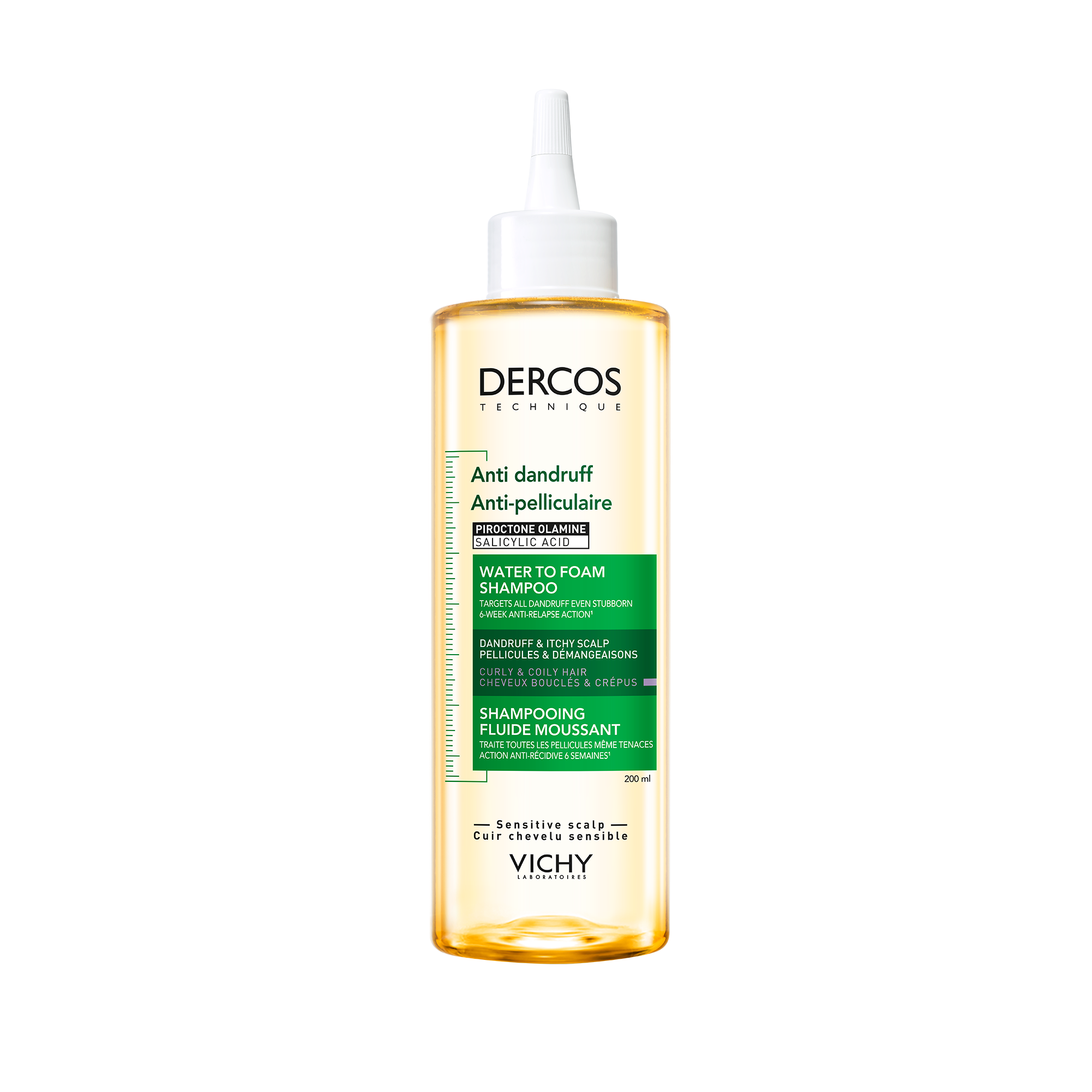 Dercos Technique Anti-Schuppen Shampoo. Flasche. Wasser-zu-Schaum-Formel. Für empfindliche Kopfhaut.
