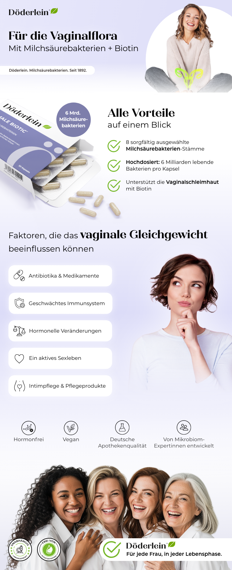 Frau mit Döderlein Female Biotic. Text: Für die Vaginalflora. Vorteile, Faktoren, Apothekenqualität.