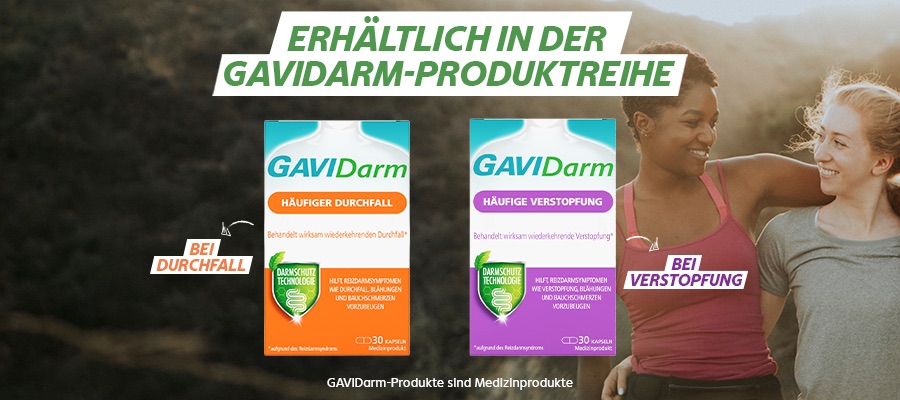 GAVIdarm Packung mit 30 Kapseln für häufigen Durchfall.