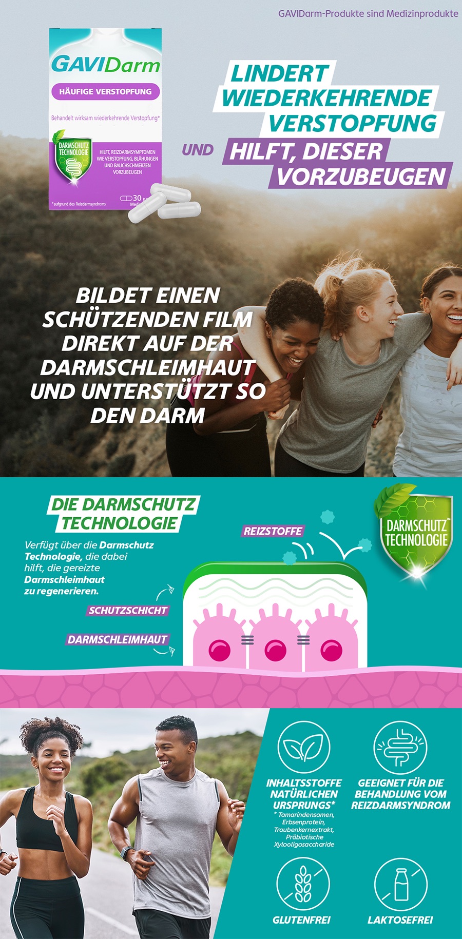 Drei Frauen und zwei Männer beim Joggen. Gavidarm lindert Verstopfung und schützt den Darm.