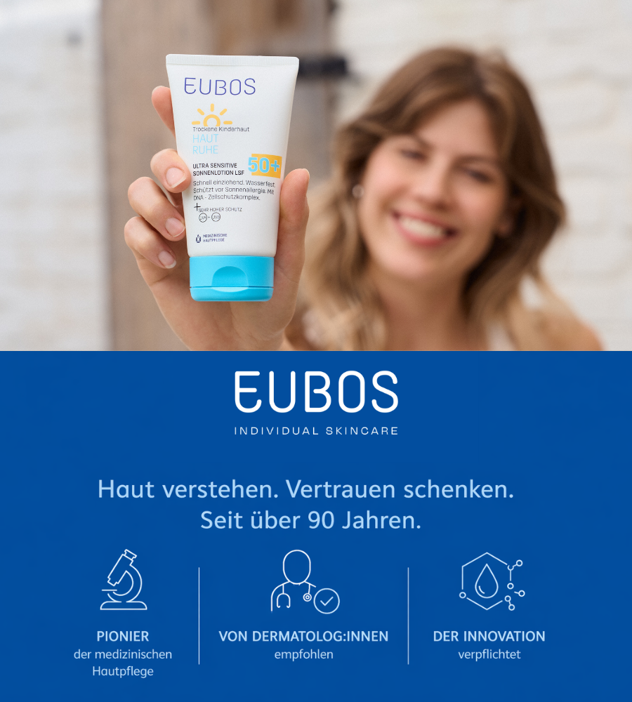 EUBOS Sonnenlotion. Frau und Kind. Text: Haut Ruhe Serie. Zertifikat.