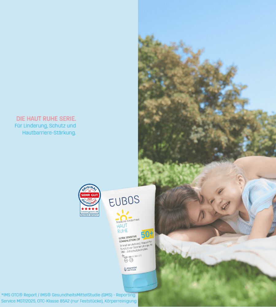 EUBOS Sonnenlotion. Text: UV-Filter, DNA-Zellschutzkomplex, Vitamin E. Zertifikat.