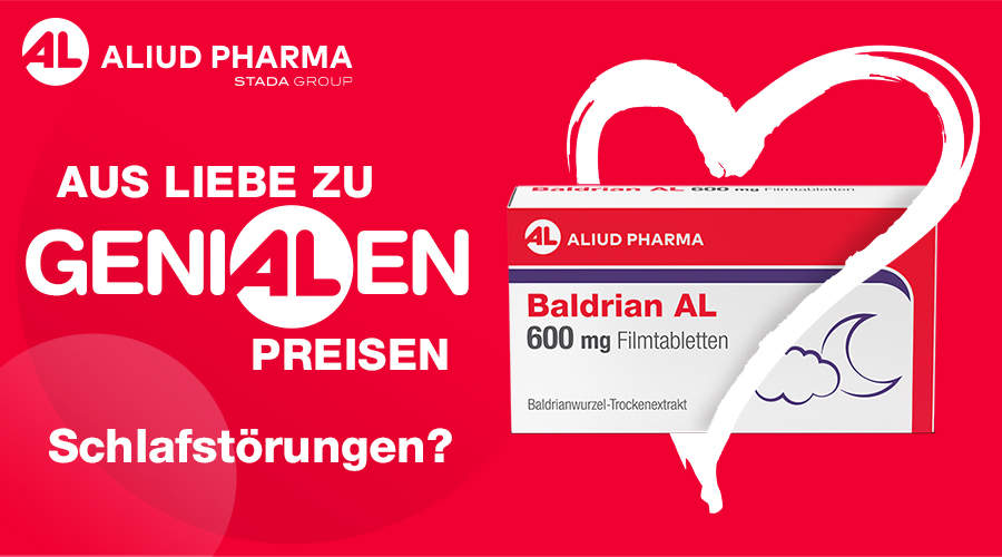 Rote Werbefläche mit Baldrian AL 600 mg Packung, Herz-Symbol und Text. Text: Schlafstörungen? Aus Liebe zu genialen Preisen.
