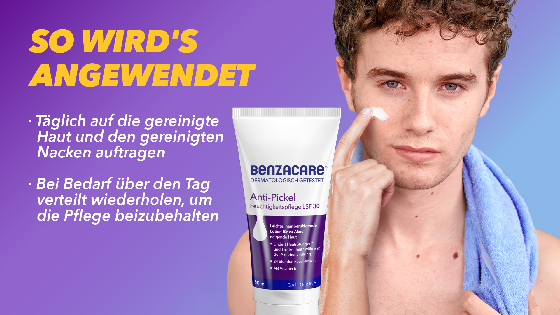 Mann trägt BENZACARE™ Anti-Pickel Feuchtigkeitspflege LSF 30 auf. Weiße Tube mit lila Akzenten. Anwendungshinweis.