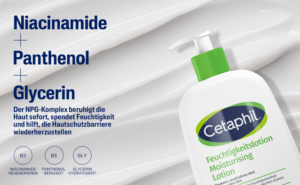 Nahaufnahme von Creme. Text: Niacinamid, Panthenol, Glycerin. Beruhigt die Haut sofort.