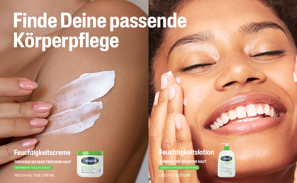 Frau trägt Creme auf. Text: Finde Deine passende Körperpflege. Feuchtigkeitscreme und Lotion.