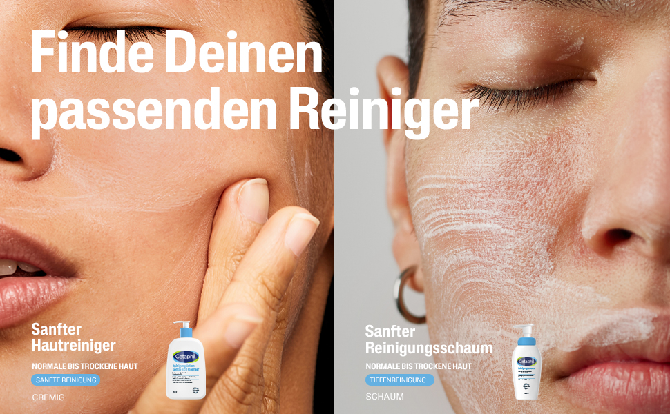 Zwei Gesichter, die Reinigungsprodukte verwenden. Links: sanfter Hautreiniger. Rechts: sanfter Reinigungsschaum.