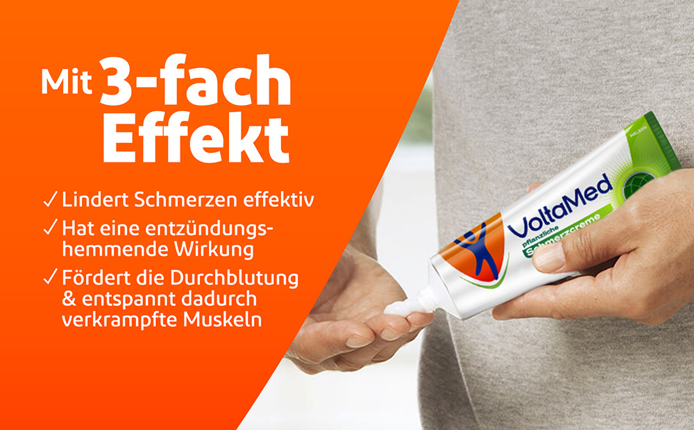 Person, die Creme aufträgt. Text: 3-fach Effekt. Schmerzlindernd, entzündungshemmend, durchblutungsfördernd.