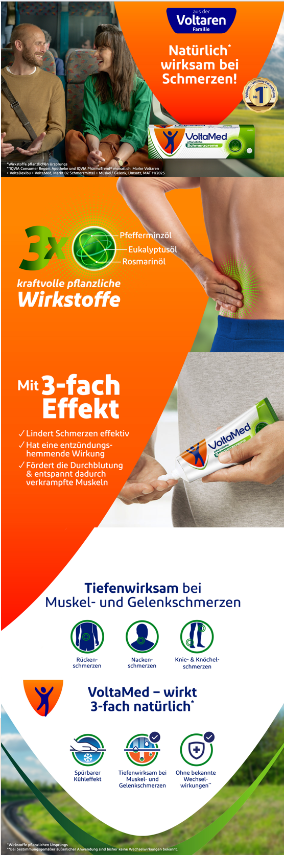 Übersicht VoltaMed pflanzliche Schmerzcreme: 3-fach Effekt, tiefenwirksam, ohne bekannte Nebenwirkungen.