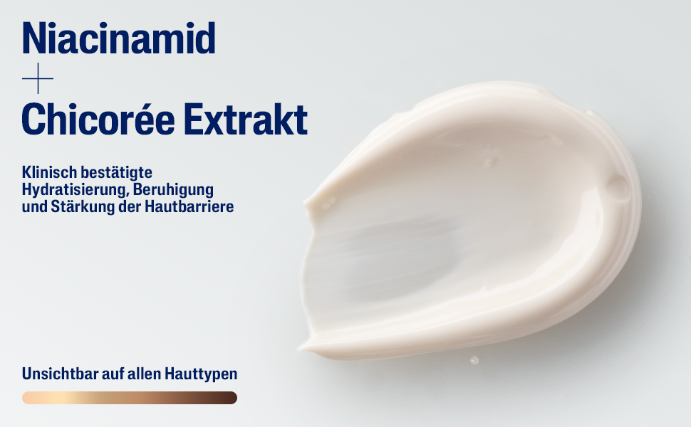 Nahaufnahme Creme. Text: Niacinamid + Chicorée Extrakt. Klinisch bestätigte Hydratisierung, Beruhigung und Stärkung der Hautbarriere.
