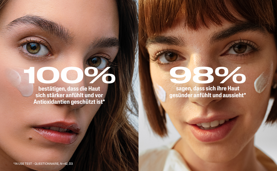 Zwei Frauen. Text: 100% bestätigen, dass sich die Haut stärker anfühlt. 98% sagen, dass sich ihre Haut gesünder anfühlt.