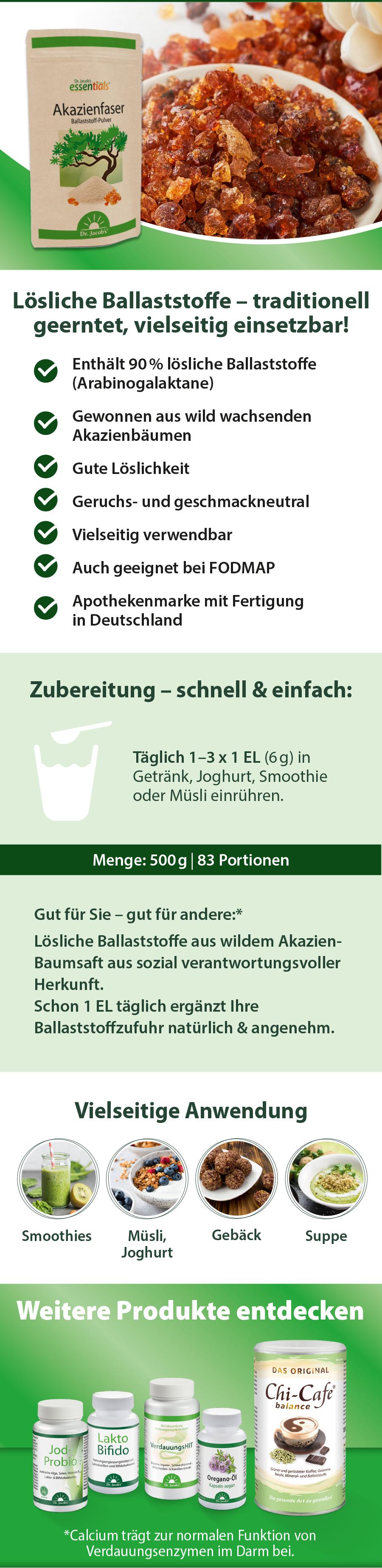 Werbetafel für Dr. Jacob's Akazienfaser. Enthält Produktvorteile, Zubereitungshinweise und Anwendungsbeispiele.