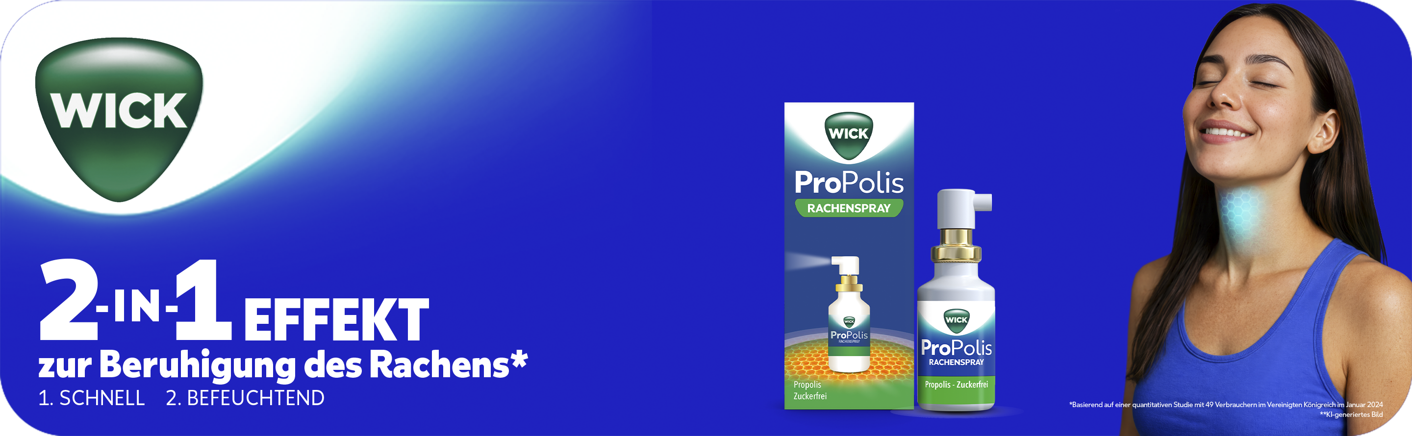 WICK ProPolis Rachenspray und Verpackung. Sprayflasche mit Applikator und Kartonverpackung.