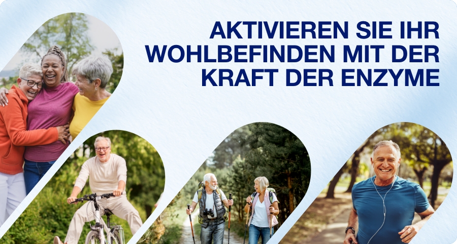 Menschen in verschiedenen Situationen. Text: Aktivieren Sie Ihr Wohlbefinden mit der Kraft der Enzyme.