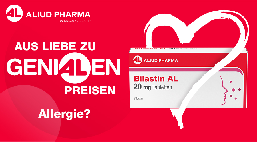 Werbebild mit Bilastin AL 20 mg Tabletten. Text: Aus Liebe zu genialen Preisen. Allergie?